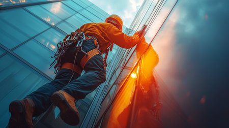 A dedicated worker harnessed and equipped, scales the side of a tall skyscraper to clean and maintain glass surfaces as the sun sets, illuminating the clouds in vibrant colors.の素材