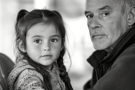 A young girl with braided hair sits closely beside an older man, both gazing thoughtfully in a relaxed setting filled with subtle warmth and depth.の素材