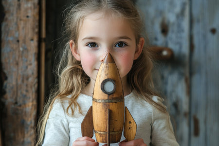 A young child with long hair and a knit sweater stands happily inside a warm, inviting space, proudly holding a wooden rocket toy. Soft lighting enhances the cheerful atmosphere.の素材