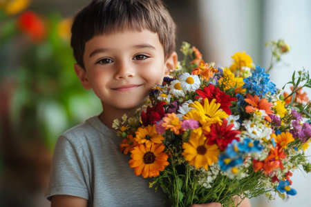 A cheerful boy with curly hair smiles while holding a vibrant bouquet of flowers. The shop around him is filled with various colorful blooms, creating a joyful atmosphere.の素材