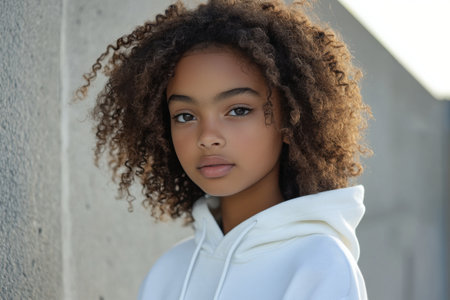 A girl with curly hair is standing in a well-lit indoor area. She is wearing a cozy white hoodie, looking confidently at the camera. Natural light enhances her features.の素材
