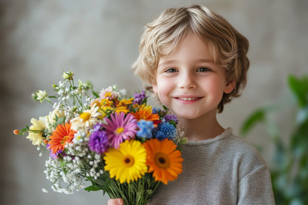 A cheerful boy with curly hair smiles while holding a vibrant bouquet of flowers. The shop around him is filled with various colorful blooms, creating a joyful atmosphere.の素材