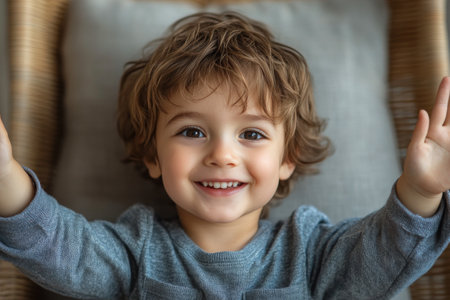A cheerful young boy with curly hair is sitting comfortably in a cozy indoor environment, smiling brightly while raising his arms joyfully.の素材