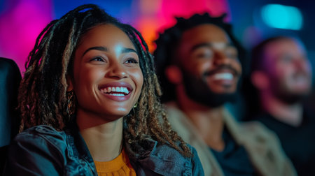 A young woman with long hair smiles brightly while surrounded by colorful lights in a lively environment. She appears joyful and engaged in the moment, radiating happiness.の素材