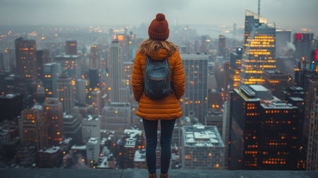 A woman stands on a rooftop, gazing at the expansive city skyline filled with lights as dusk settles. She wears a cozy hat and has a backpack, enjoying the vibrant view.の素材