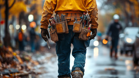 A construction worker walks along a muddy residential street, carrying tools in a belt as the sun sets behind him. The warm glow highlights the scene and creates a reflective atmosphere.の素材