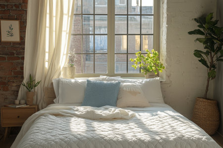 Soft bedding creates a welcoming atmosphere in a cozy bedroom. A sunny window showcases greenery outside and adds a fresh vibe to the tranquil space.の素材