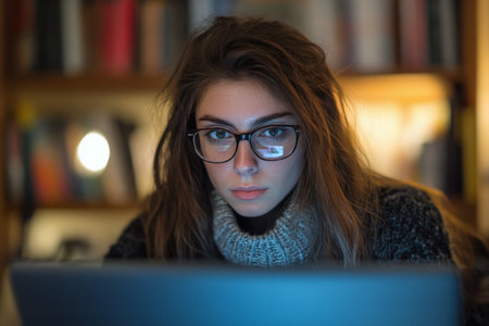 A woman focuses with short gray hair and glasses on her laptop in a warm, inviting indoor space. She wears a colorful scarf and appears engaged in her work. Soft lighting enhances the atmosphere.の素材