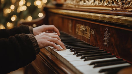 Soft hands gracefully play the piano, creating beautiful melodies. The background features twinkling holiday lights, adding a warm atmosphere to the cozy indoor environment.の素材