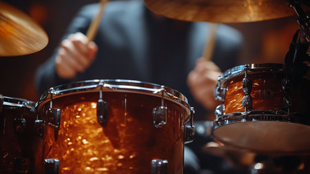 A drummer provides rhythmic beats in a lively music venue filled with warm lights and an energetic atmosphere. The setting features a close-up of the drum set as the musician plays.の素材
