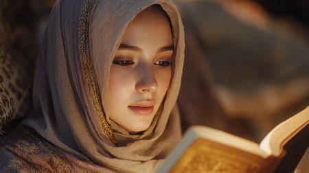 A young woman in a beautifully patterned scarf is deeply engrossed in reading a book in a serene indoor environment filled with gentle light. The atmosphere is calm and reflective.の素材