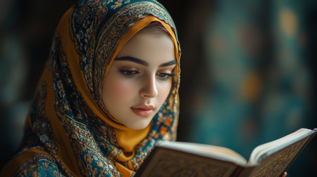 A young woman in a beautifully patterned scarf is deeply engrossed in reading a book in a serene indoor environment filled with gentle light. The atmosphere is calm and reflective.の素材