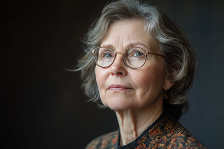 An elderly woman with curly hair and glasses sits near a window, looking out contemplatively. Surrounding her are lush green plants, enhancing the serene atmosphere of the cozy indoor setting.の素材