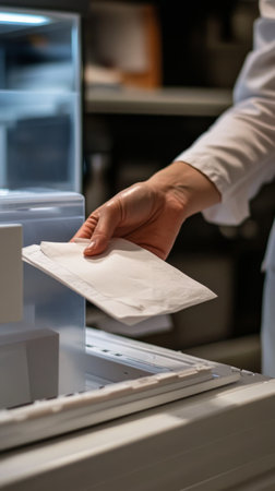 A voter places a ballot into a sealed box at a polling station. The atmosphere is focused and attentive as citizens participate in the democratic process during election day.の素材