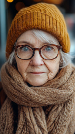 Close-up of an elderly woman in a warm sweater and scarf, exuding a gentle smile, with a knitted hat keeping her cozy on a winter day. The background hints at a bustling outdoor environment.の素材