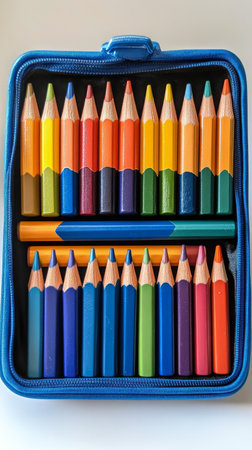 A pencil case displays a vibrant collection of colored pencils, organized by color. The arrangement highlights various shades, perfect for artistic projects or school use.の素材
