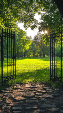 Gates swing open to unveil a vast green field dotted with trees, inviting visitors to explore the peaceful surroundings. Sunlight filters through the leaves, creating a tranquil atmosphere.の素材