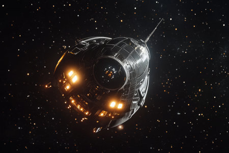 A sleek spacecraft glides through the expansive galaxy, illuminated by vibrant lights. Cosmic clouds surround it, creating a mesmerizing space backdrop.の素材