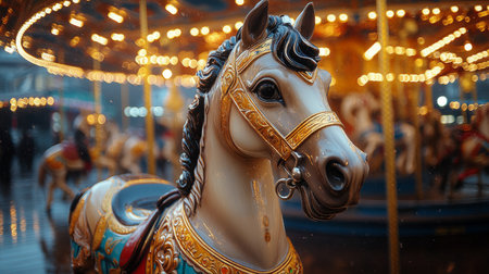 A beautifully detailed carousel horse stands proudly in an amusement park, illuminated by glowing lights. The vibrant colors and intricate design capture the joyful spirit of childhood.の素材