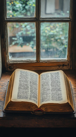 An antique book lies open on a rustic wooden table in a warm library. Shelves filled with classic literature create a cozy atmosphere, inviting exploration of knowledge and stories.の素材
