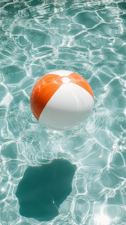 A vibrant beach ball in white and orange hues drifts on the surface of a sparkling blue pool. Sunlight reflects off the water, creating a joyful summer atmosphere.の素材