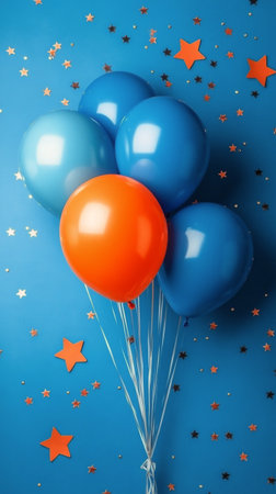 A collection of glossy blue and one orange balloon is arranged against a bright blue background decorated with sparkling stars. This setup is ideal for festive occasions.の素材