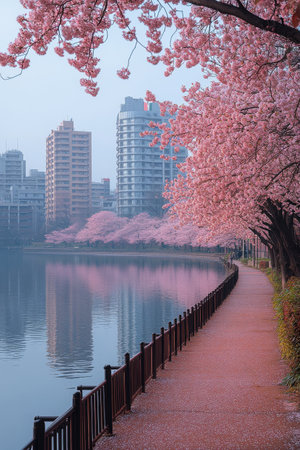 Delicate pink cherry blossoms line a path leading to a tranquil lake with a backdrop of towering city buildings at sunrise. The peaceful atmosphere invites leisurely strolls.の素材