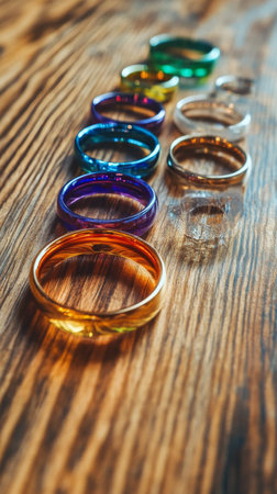A vibrant assortment of metal rings in red, blue, green, yellow, and gold is arranged in a geometric pattern on a rustic wooden surface, showing artistic creativity and color contrast.の素材