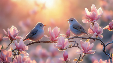 Two small birds sit on a branch amidst vibrant magnolia flowers, bathed in soft golden sunlight, creating a serene and peaceful atmosphere in nature.の素材
