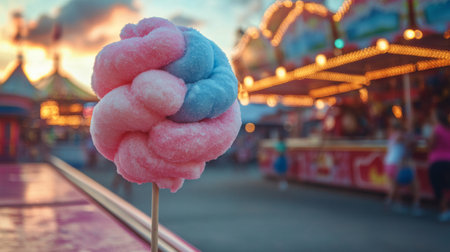 A hand holds a fluffy cotton candy treat with pink and blue hues against a vibrant fairground backdrop. Bright lights and festive decorations brighten the evening sky.の素材
