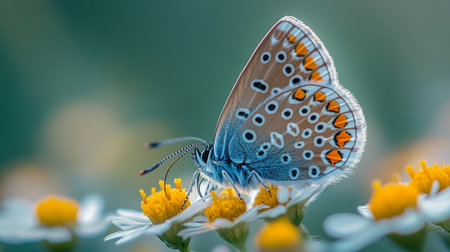 A butterfly with intricate blue and orange patterns is perched on blooming flowers. The soft sunlight creates a warm atmosphere, highlighting the beauty of nature.の素材