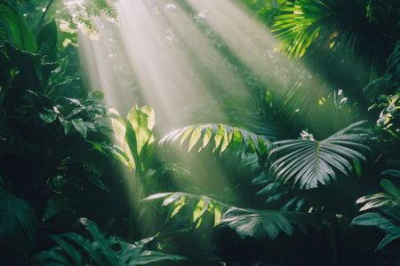 Sunlight streams through a canopy of lush green leaves, creating a tranquil atmosphere in the forest. The interplay of light and foliage enhances the peaceful ambiance.の素材