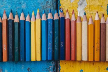 A vibrant array of colored pencils sits neatly lined up on weathered blue and yellow wooden surfaces. The bright colors create an engaging visual contrast in a creative setting.の素材