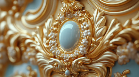 A close-up view of a decorative medallion showcasing an ornate design with blue gemstones and intricate metal details. The craftsmanship highlights fine artistic elements.の素材