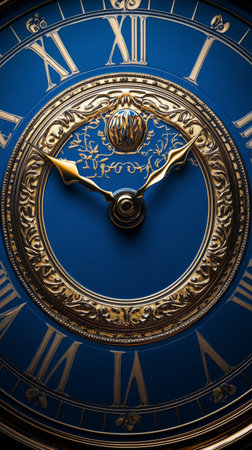 A detailed clock face showcases elegant golden hands and Roman numerals against a rich blue background. The design features intricate patterns that enhance its classic appeal.の素材