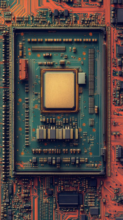 Detailed view of a computer motherboard showcasing a central processing unit surrounded by various electronic components, capturing the complexity of technology.の素材