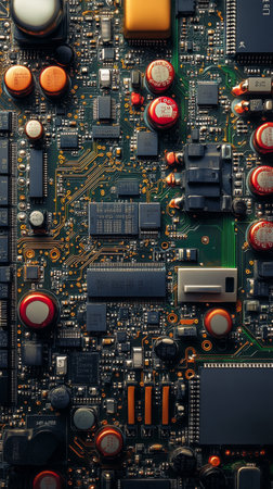A close-up view of a circuit board illuminated by orange lights, featuring various electronic components and a microchip. The intricate layout highlights the complexity of modern technology.の素材