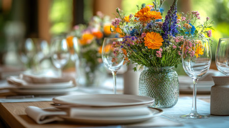 Soft pastel flowers create a beautiful centerpiece on a white tablecloth. This exquisite features display blooms like roses and ranunculus, perfect for weddings or celebrations.の素材