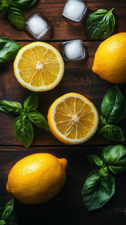 Sliced lemons are placed next to whole lemons and mint leaves, accompanied by cubes of ice on a wooden surface, creating a refreshing arrangement.の素材