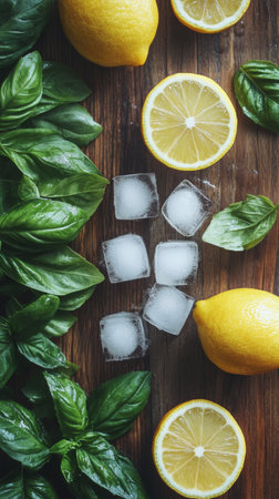 Sliced lemons are placed next to whole lemons and mint leaves, accompanied by cubes of ice on a wooden surface, creating a refreshing arrangement.の素材
