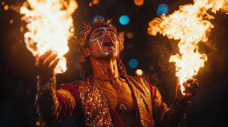 A skilled performer dazzles the crowd with fire juggling at a lively nighttime festival, wearing a colorful costume and showcasing mastery of the flames.の素材