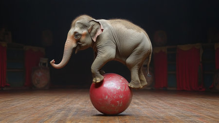 A young elephant performs a balancing act by standing on a large red ball in a dark circus setting. Colorful curtains and spotlights enhance the atmosphere of the performance.の素材