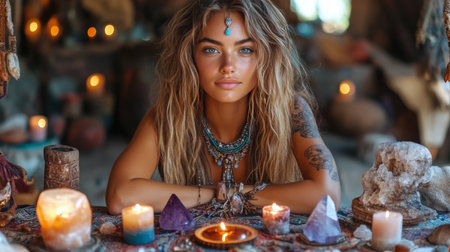 A young woman with striking features is seated among lit candles, creating a serene and mystical atmosphere. Her gaze is captivating, showing beautiful skin and accessories.の素材