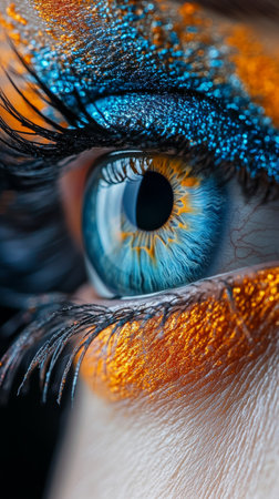 A close-up view of a vibrant blue eye adorned with striking orange glitter makeup. Glittery accents highlight the eyelids, creating a bold and artistic beauty look that captures attention.の素材