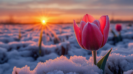 Pink tulips with frost glisten in the early morning light as the sun rises over a blooming field. Nature awakens, showing vibrant colors and delicate beauty.の素材