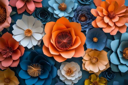 A beautiful arrangement of paper flowers in various sizes and colors against a light background.の素材