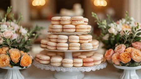 Delightful assortment of macarons in pastel colors displayed creatively alongside branches adorned with cherry blossoms, creating a visually appealing treat.の素材