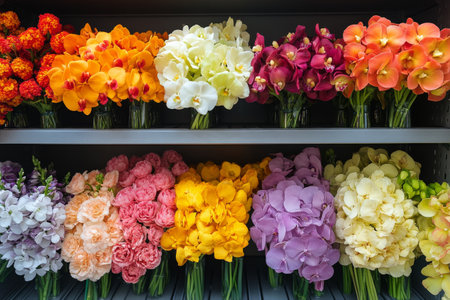 Brightly colored ranunculus flowers in various shades are neatly arranged in pots on a wooden shelf. The vibrant display adds a cheerful atmosphere to the space.の素材