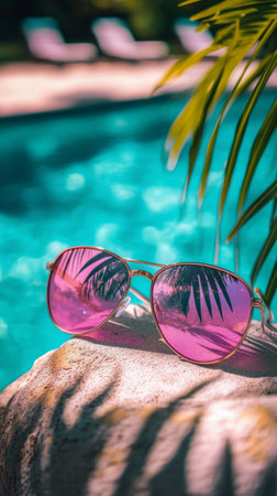 Bright pink sunglasses rest on the clear water of a swimming pool. Lush palm leaves provide a tropical backdrop to this relaxing summer scene, evoking a sense of leisure and vacation.の素材