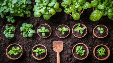Various herbs and leafy greens thrive in small pots placed in rich soil, showing vibrant colors and healthy growth under natural light.の素材